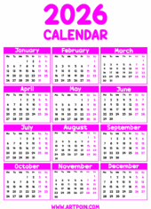 2026 calendar pink
