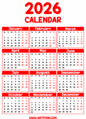 2026 calendar red