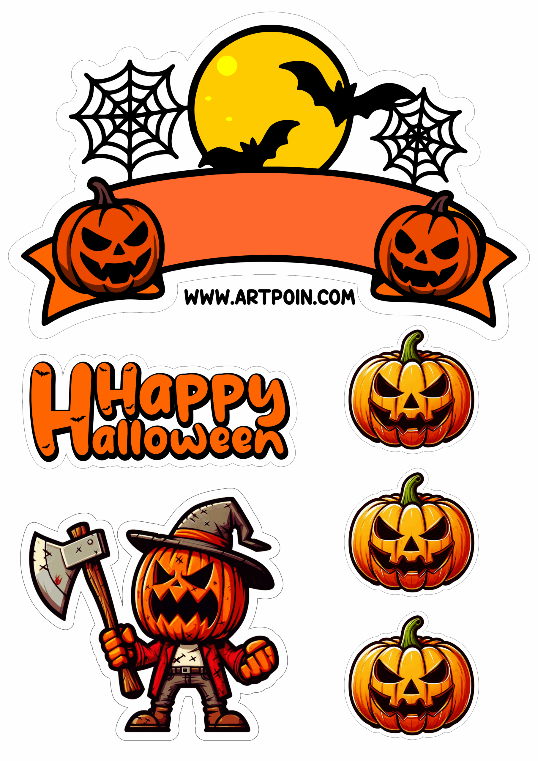 Cake topper halloween images for decoration party simple drawing printable pumpkinhead png