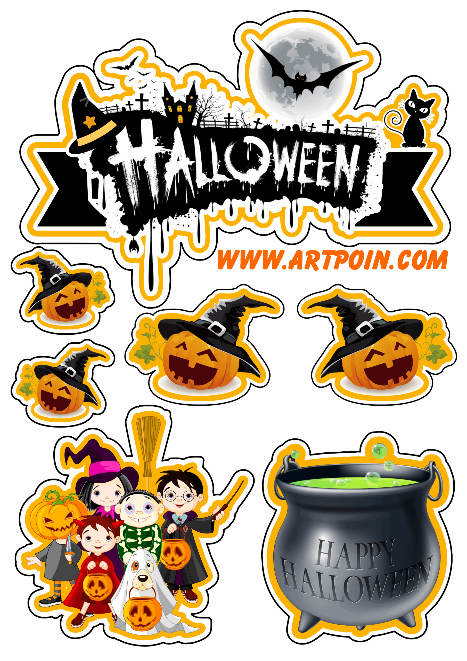 Cake topper halloween trick or treat cauldron and pumpkins png