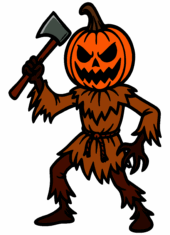 halloween pumpkin head scarycrow holding axe