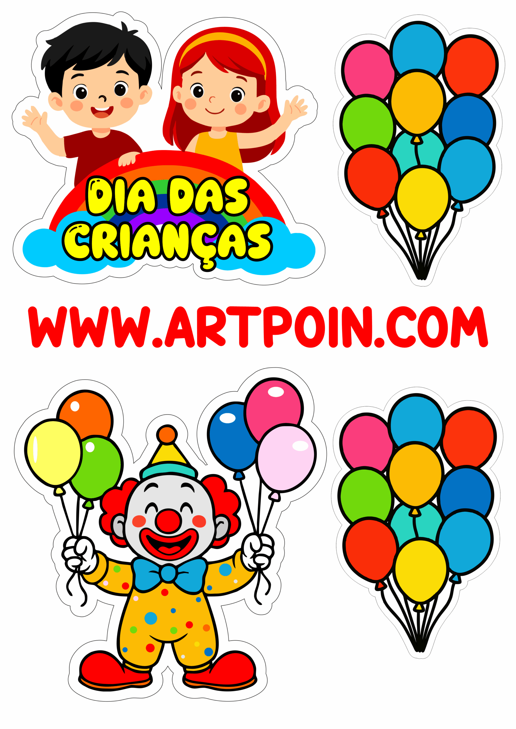 12 de outubro dia das crianças topo de bolo para imprimir decoração de festas artes gráficas desenhos fofinhos palhacinho e balões png