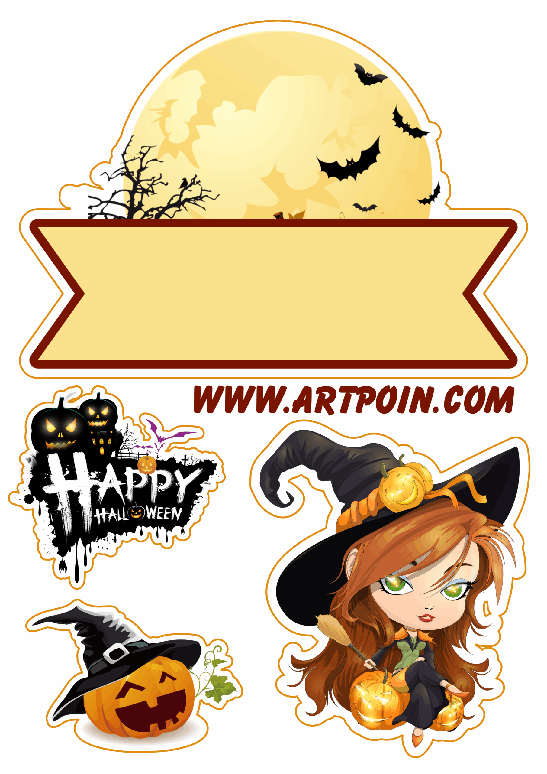 Cake topper happy halloween a little witch and pumpkin birthday decoration png