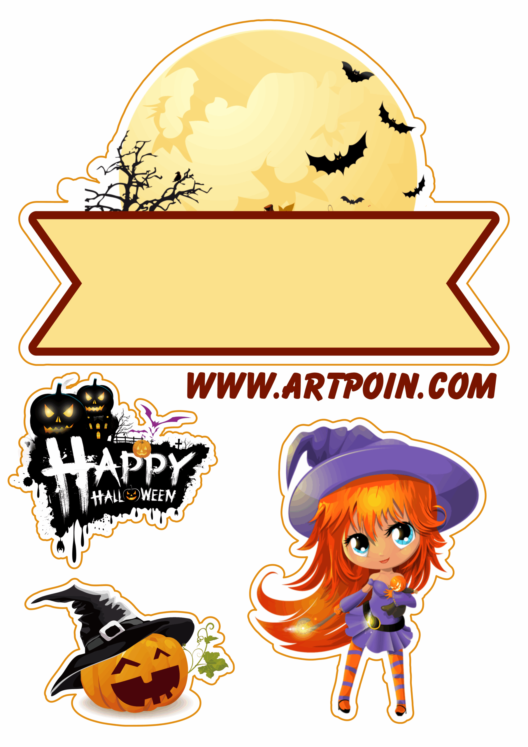 Cake topper happy halloween a little witch and pumpkin birthday decoration party png