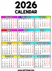 calendar 2026 various colors