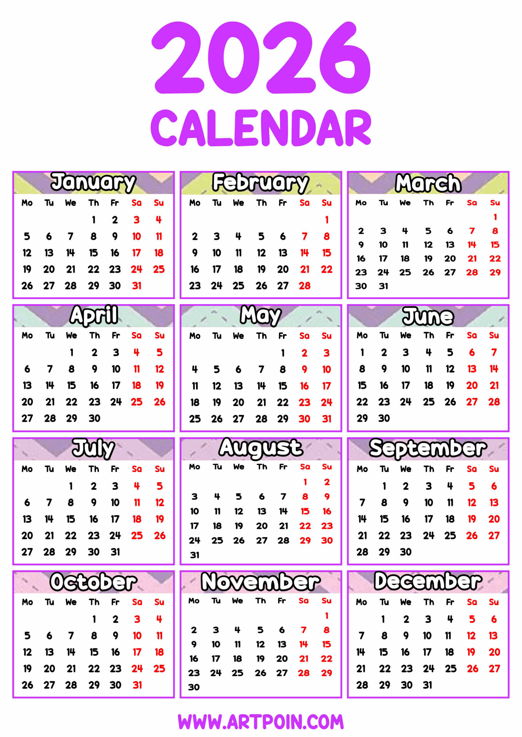 2026 calendar editable printable light violet png