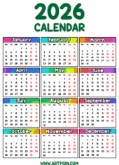 calendar 2026 various colors printable