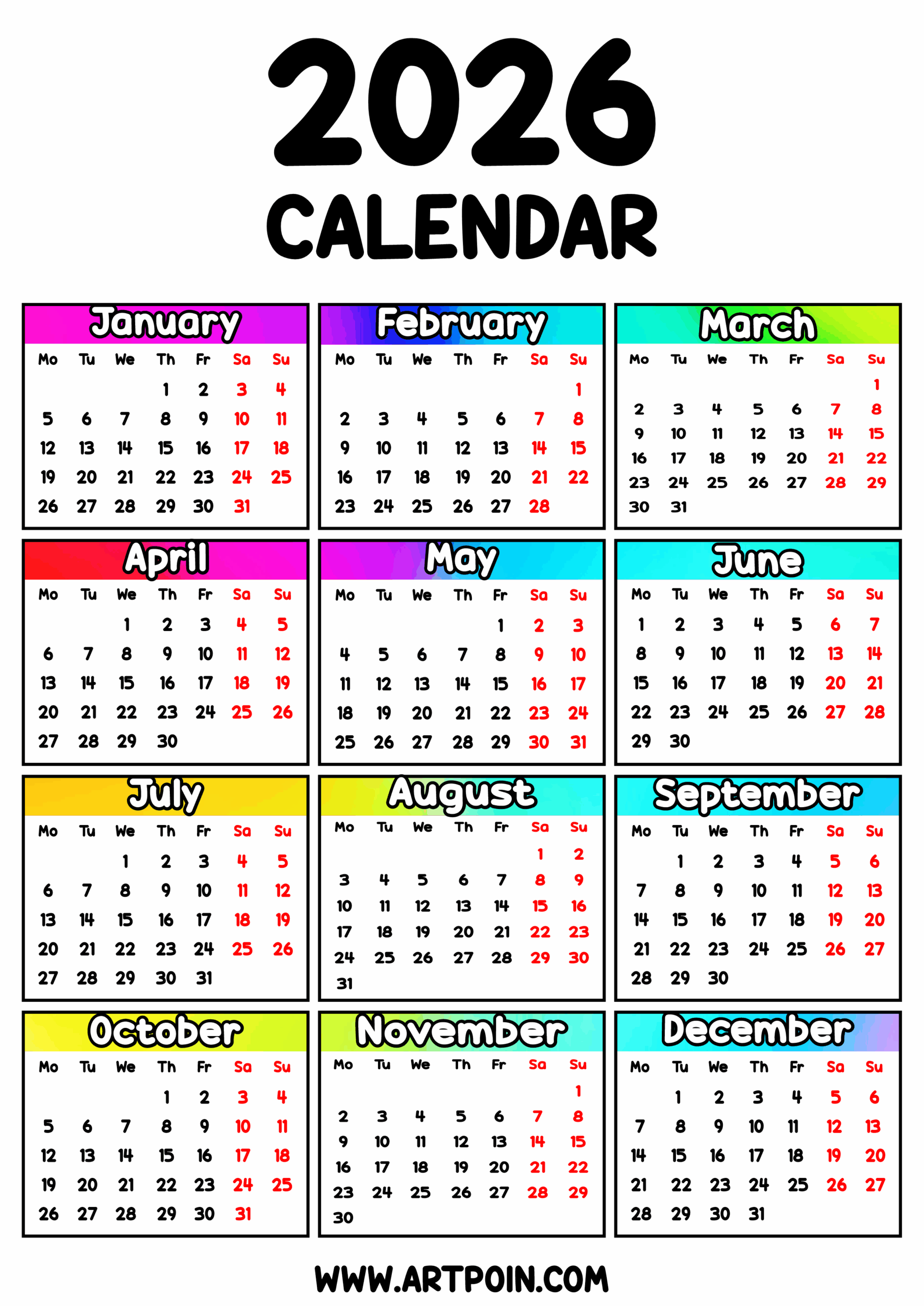 2026 calendar editable printable multi colors rainbow free arts and decorations png