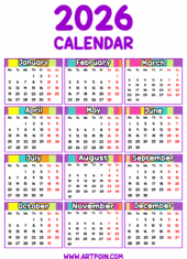 calendar 2026 various colors violet