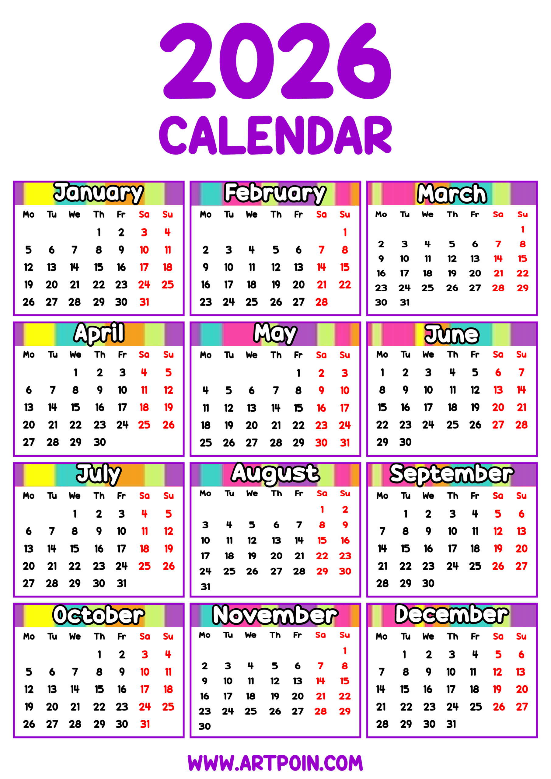 2026 calendar editable printable multi colors free arts and decorations png