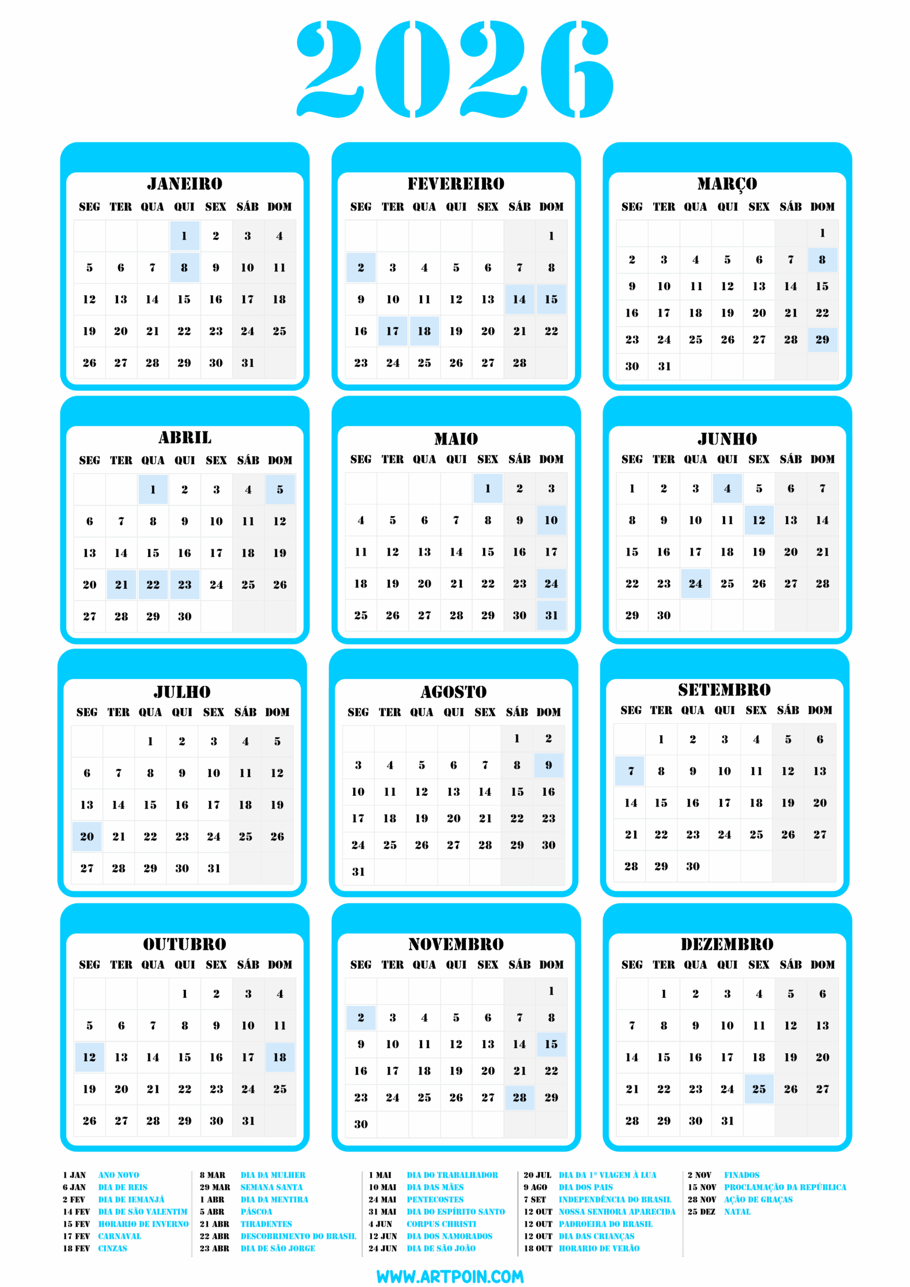 Calendário 2026 com todos os meses e datas comemorativas ideal para edição e impressão cor azul gratuito para baixar png