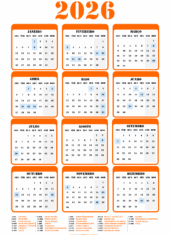 calendário 2026 com fundo transparente para editar laranja