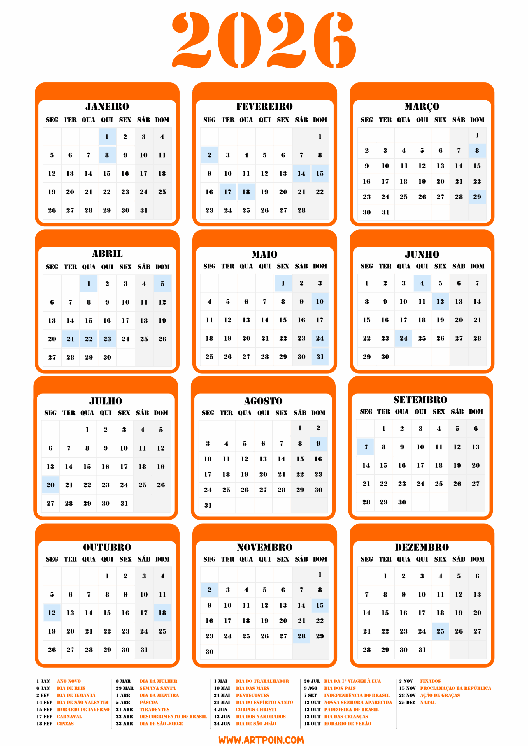Calendário 2026 com todos os meses e datas comemorativas ideal para edição e impressão cor laranja gratuito para baixar png