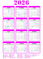 calendário 2026 com fundo transparente para editar rosa
