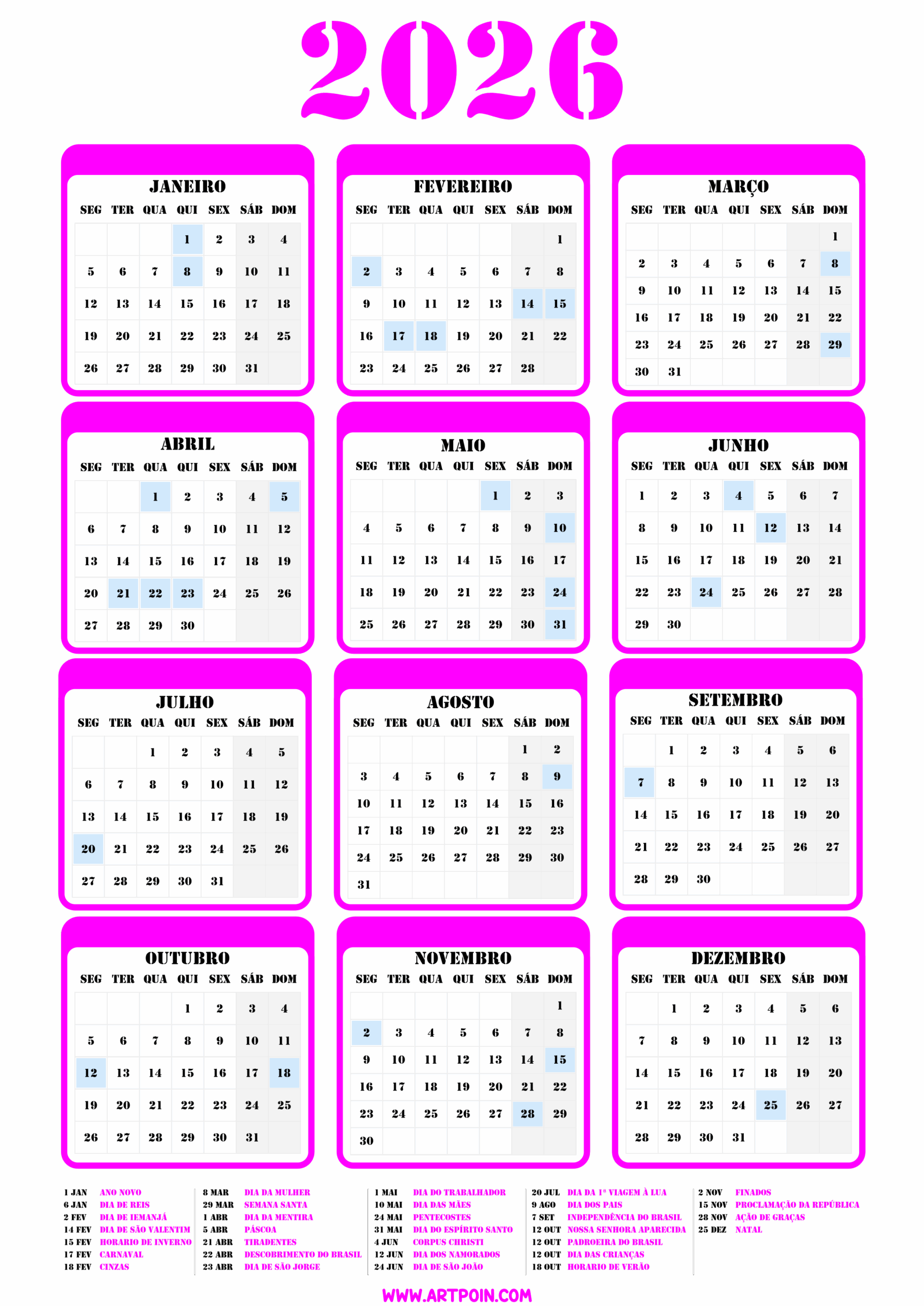 Calendário 2026 com todos os meses e datas comemorativas ideal para edição e impressão cor rosa pink gratuito para baixar png