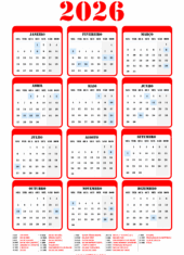 calendário 2026 com fundo transparente para editar vermelho
