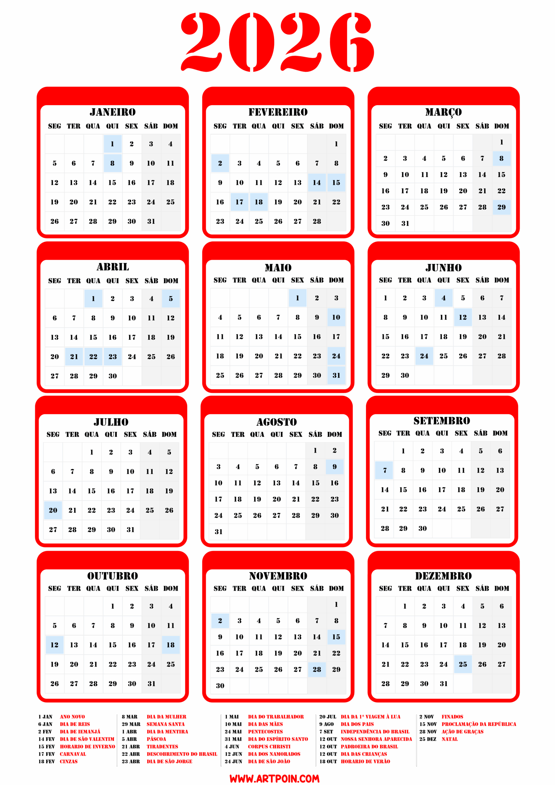Calendário 2026 com todos os meses e datas comemorativas ideal para edição e impressão cor vermelho gratuito para baixar png