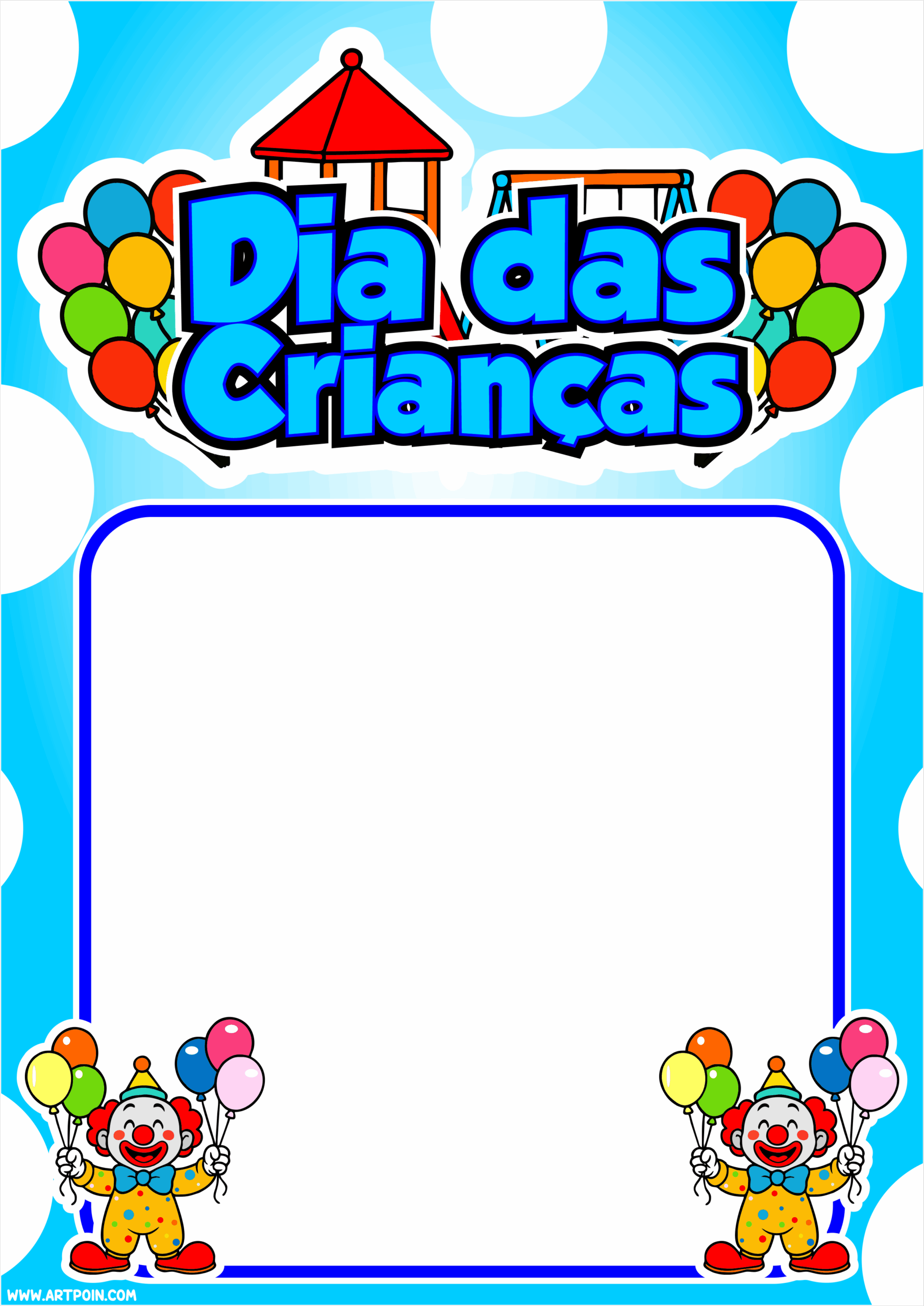 Dia das crianças convite para festinha 12 de outubro azul colorido com palhaços divertidos artes legais png