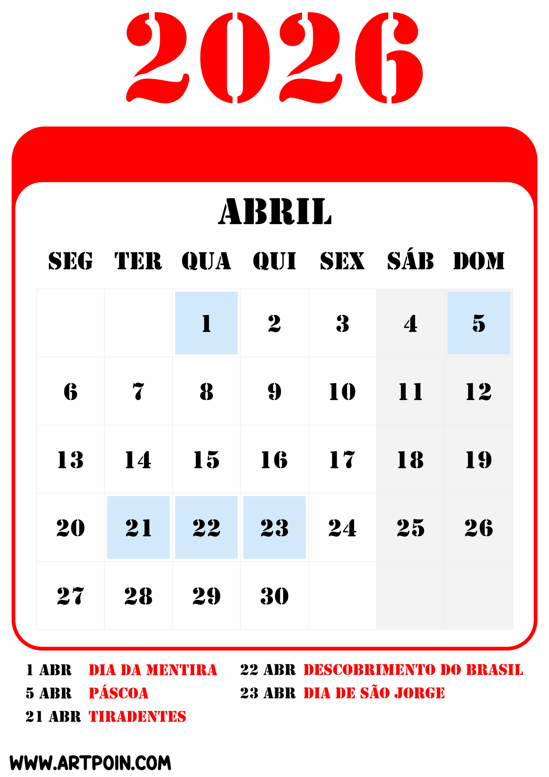 Feriados e datas comemorativas de abril calendário 2026 png