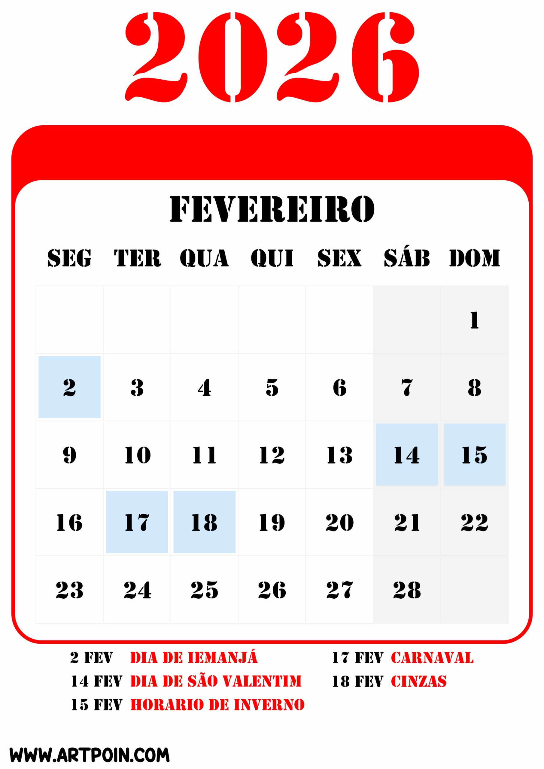 Feriados e datas comemorativas de fevereiro calendário 2026 png