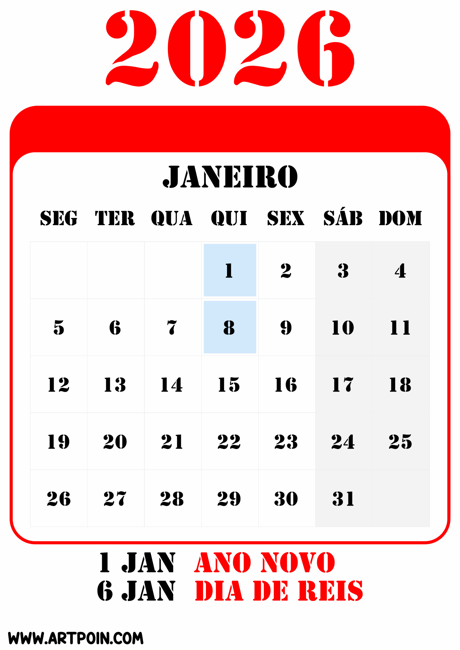 Feriados e datas comemorativas de janeiro calendário 2026 png