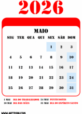 feriados e datas comemorativas de maio calendário 2026