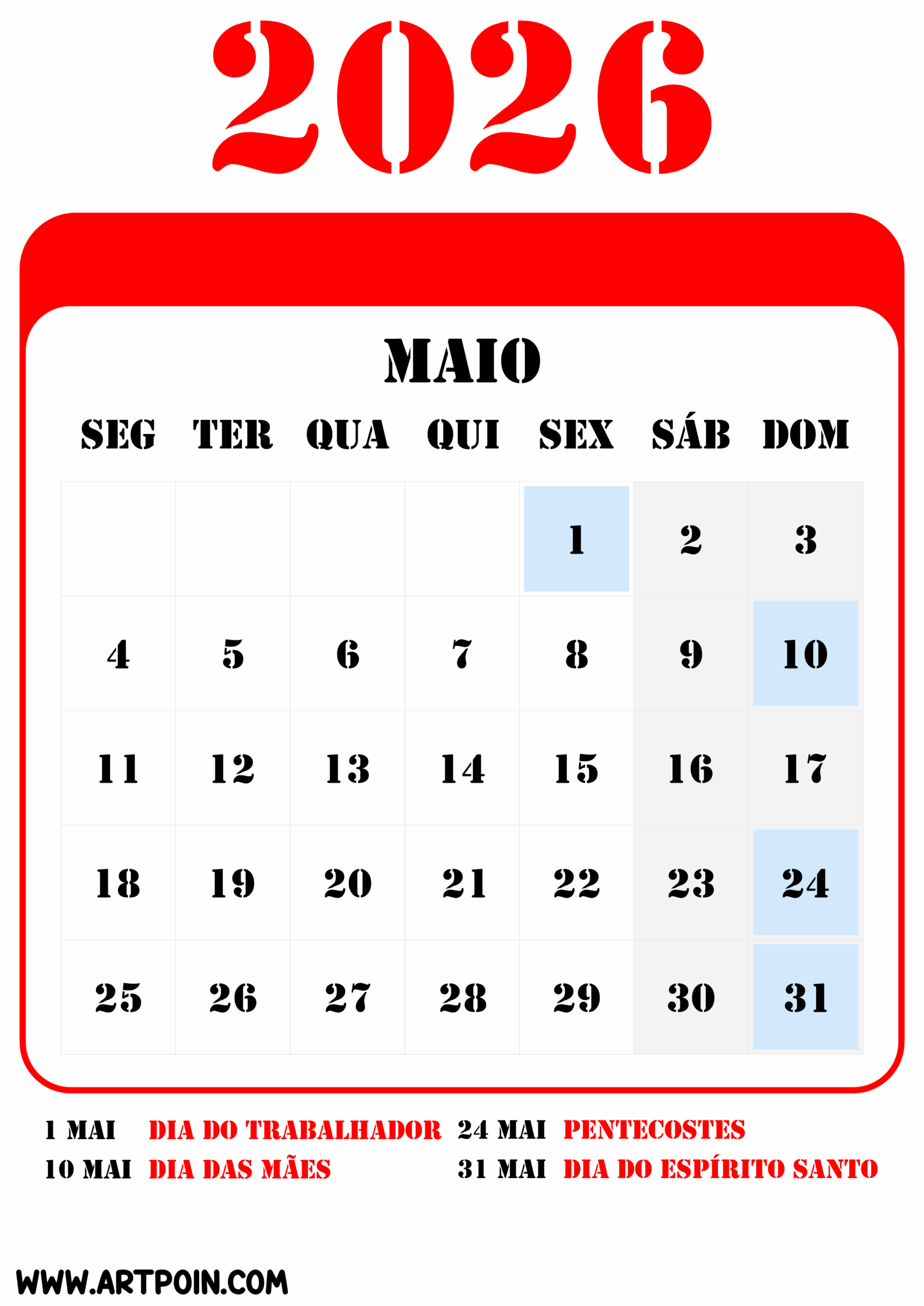 Feriados e datas comemorativas de maio calendário 2026 png