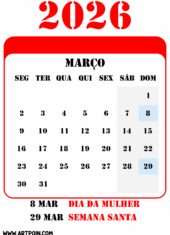 feriados e datas comemorativas de março calendário 2026