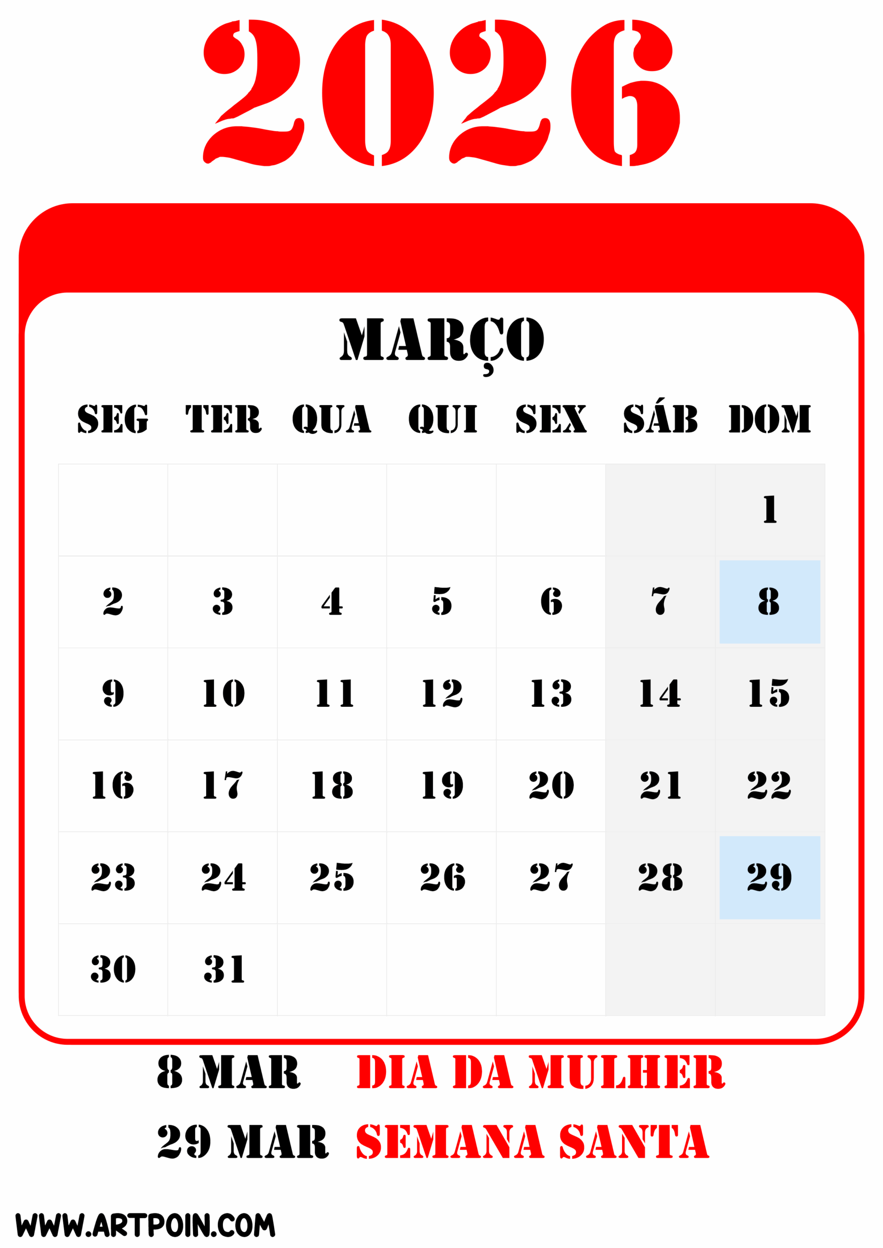 Feriados e datas comemorativas de março calendário 2026 png