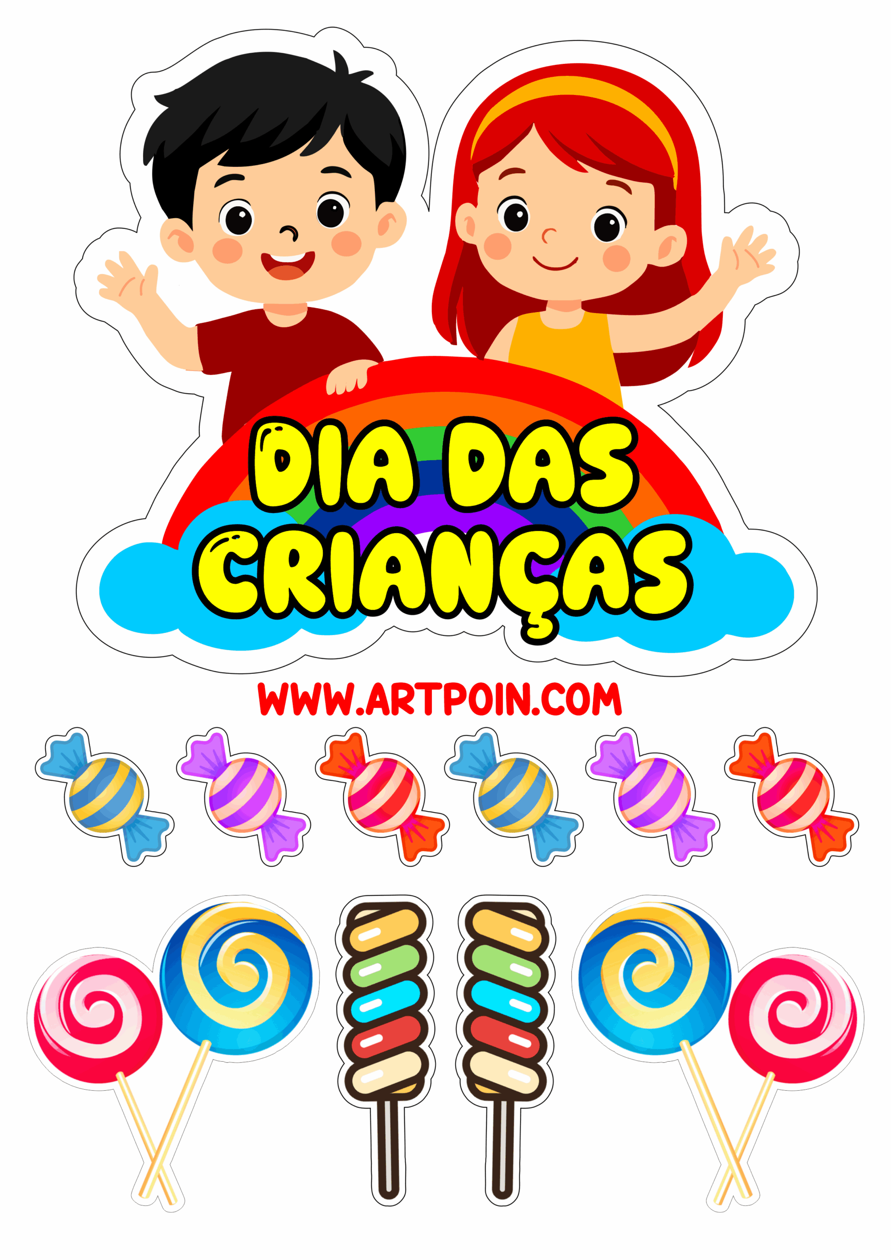Dia das crianças topo de bolo para imprimir decoração de festas artes gráficas desenhos fofinhos 12 de outubro balinhas e docinhos png