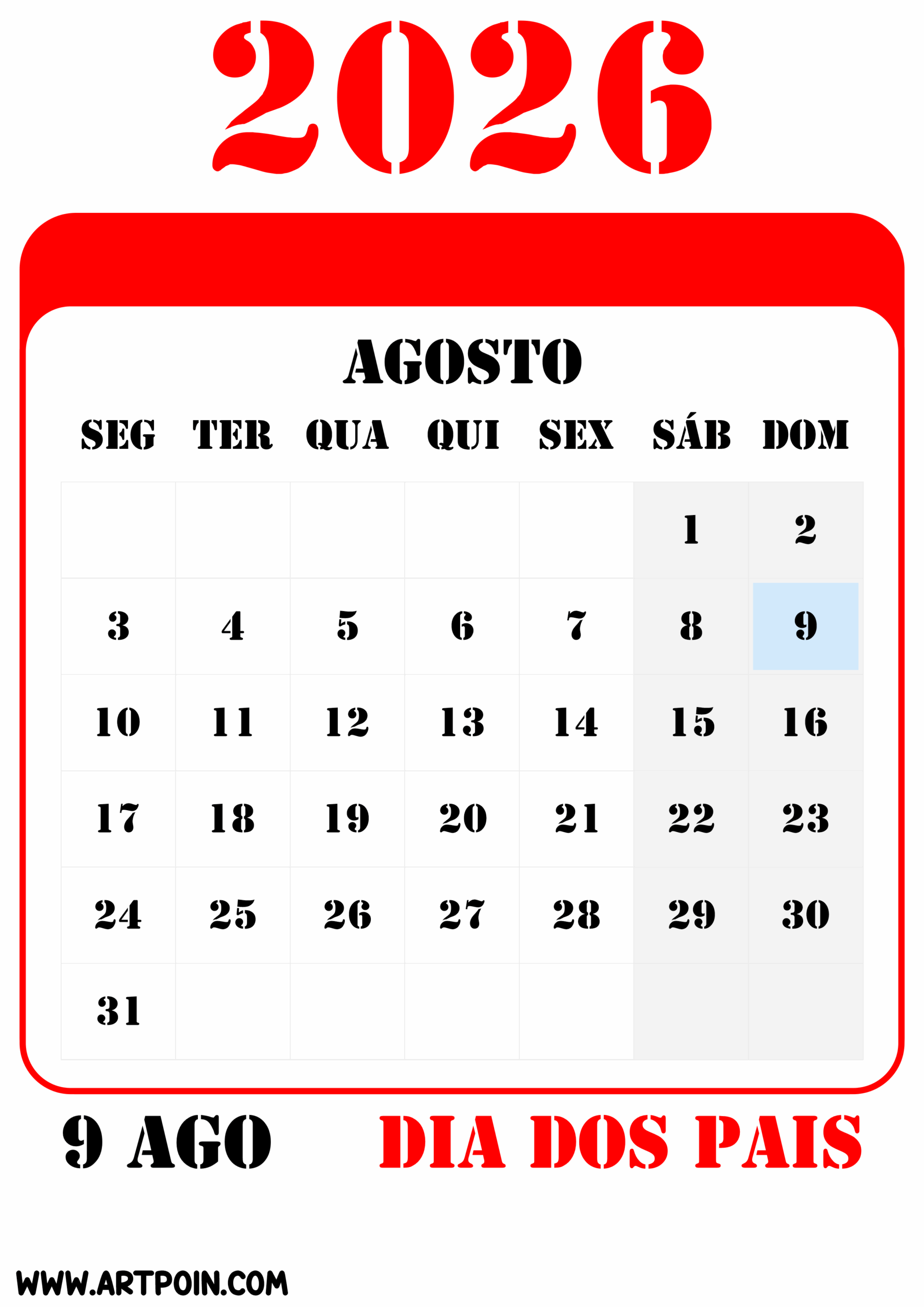 Feriados e datas comemorativas de agosto calendário 2026 png