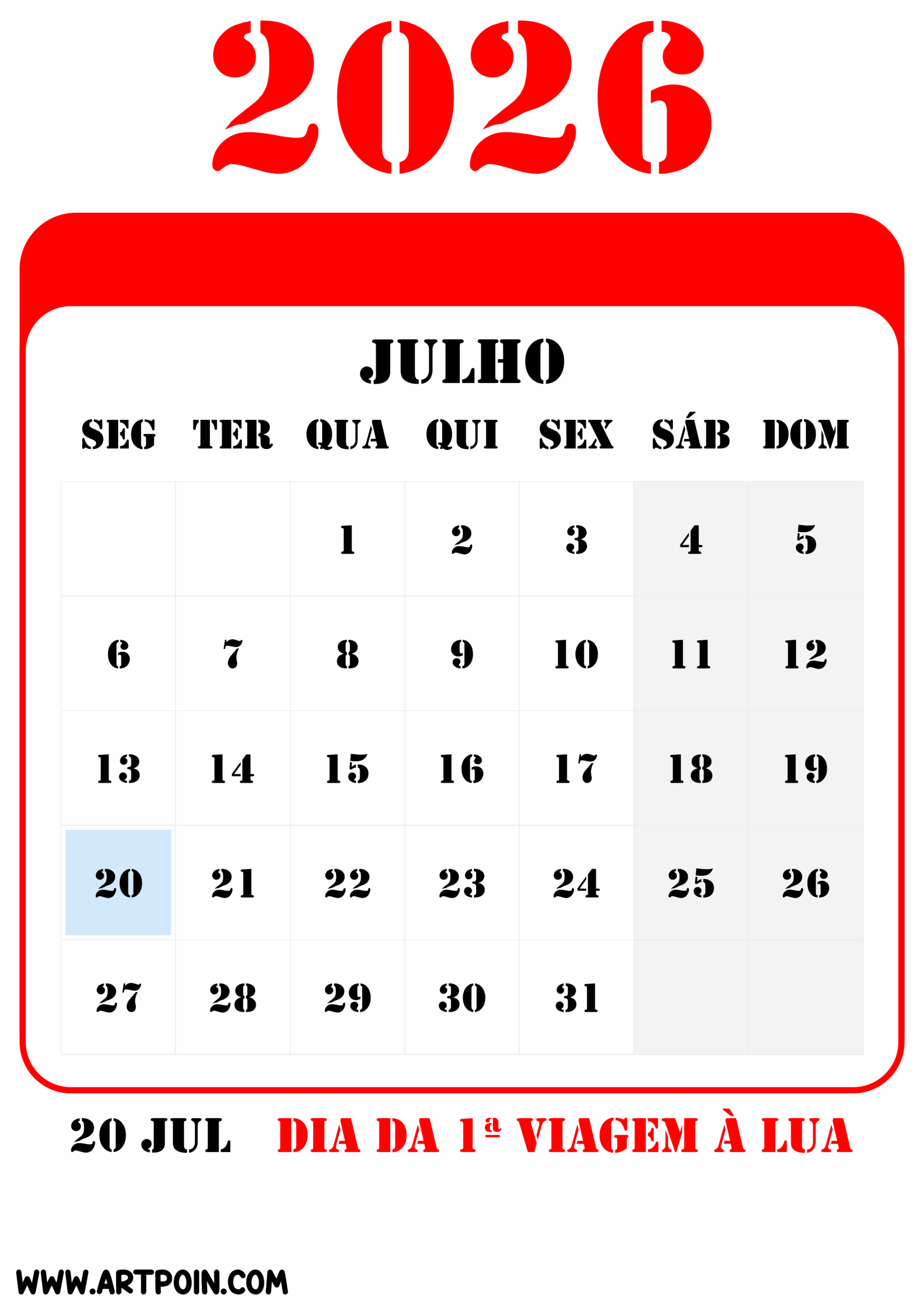 Feriados e datas comemorativas de julho calendário 2026 png