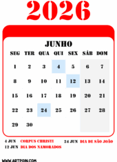 feriados e datas comemorativas de junho calendário 2026
