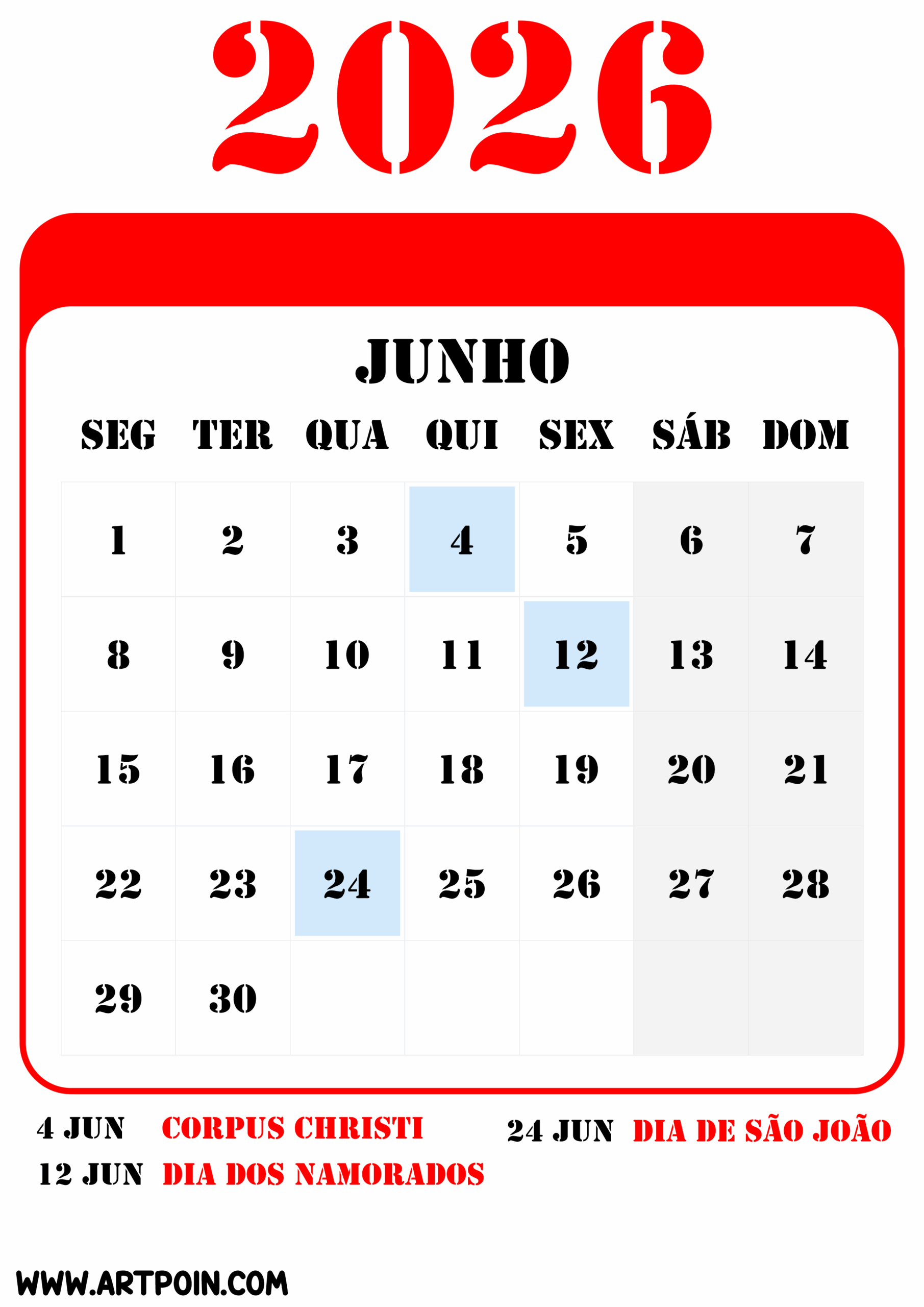 Feriados e datas comemorativas de junho calendário 2026 png