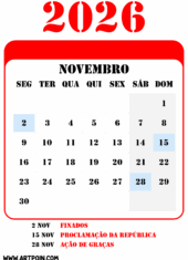 feriados e datas comemorativas de novembro calendário 2026