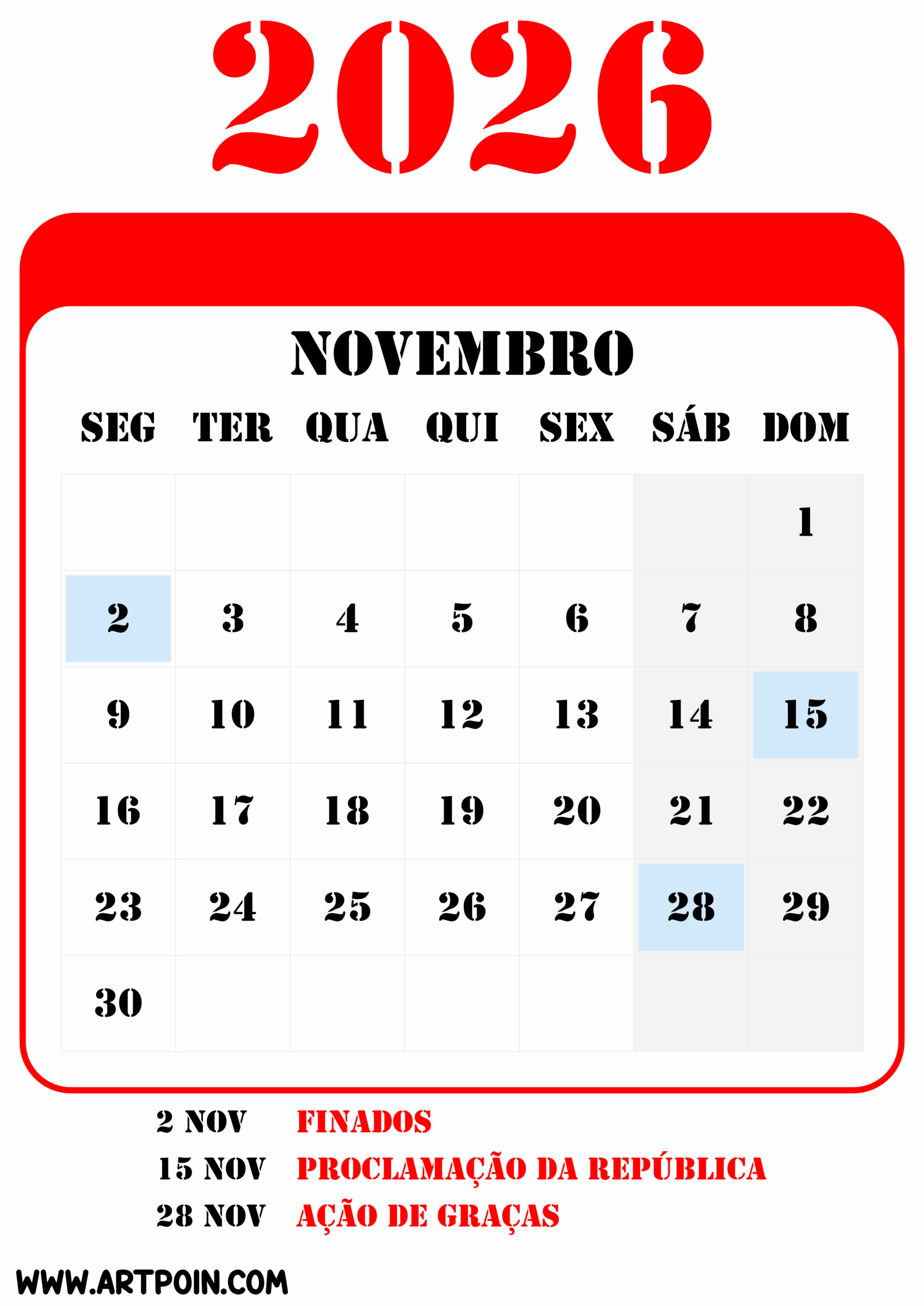 Feriados e datas comemorativas de novembro calendário 2026 png