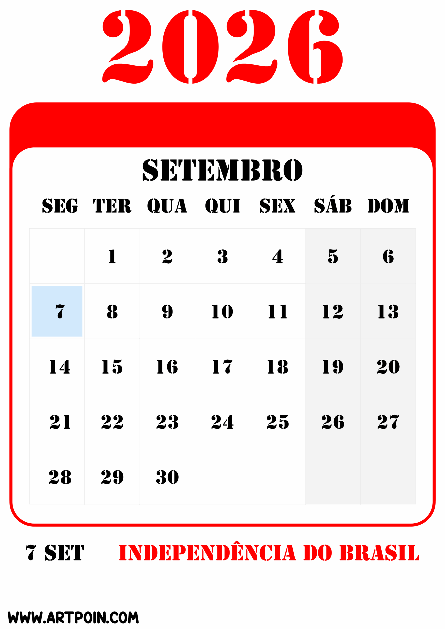 Feriados e datas comemorativas de setembro calendário 2026 png