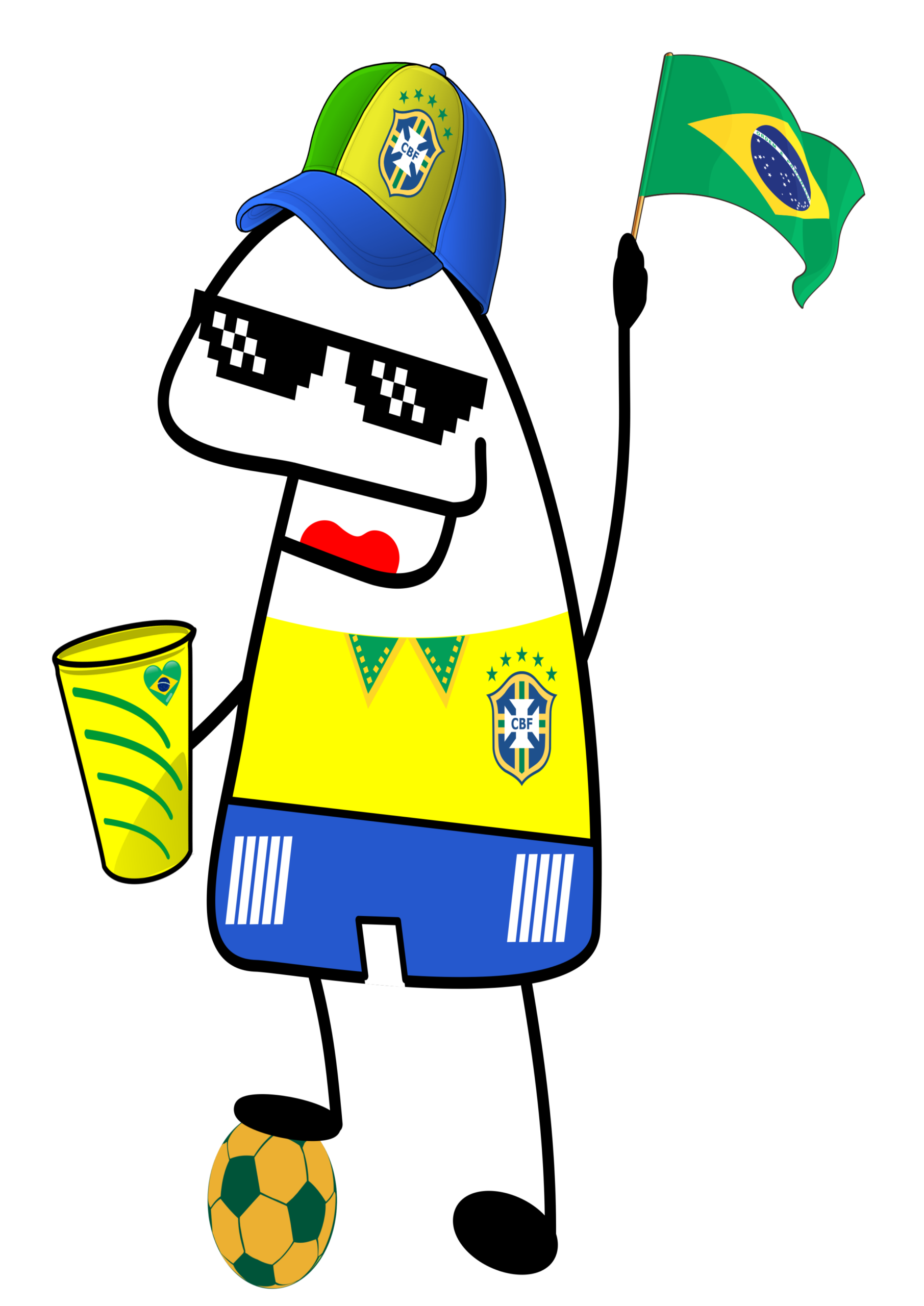 FIFA world cup 2026 USA Mexico and Canada Flork of cows brazilian fan wearing cap and uniform yellow and green simple drawing png
