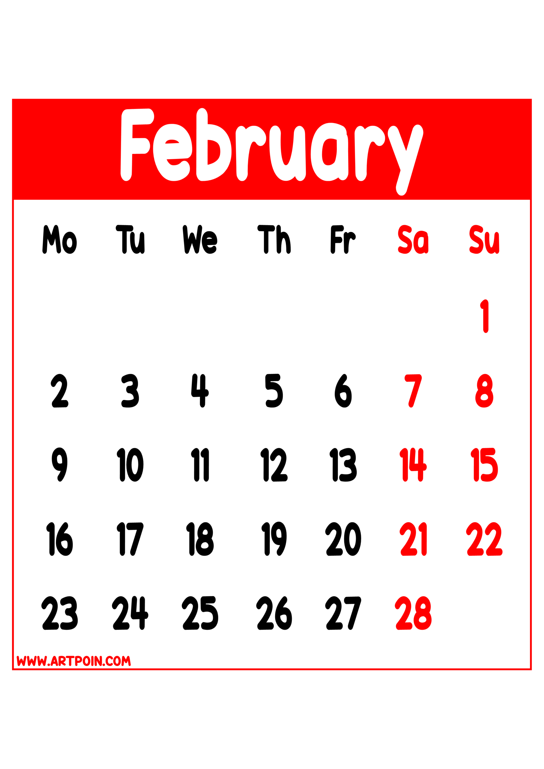 Calendar 2026 february months red details transparent background for designers and prints png