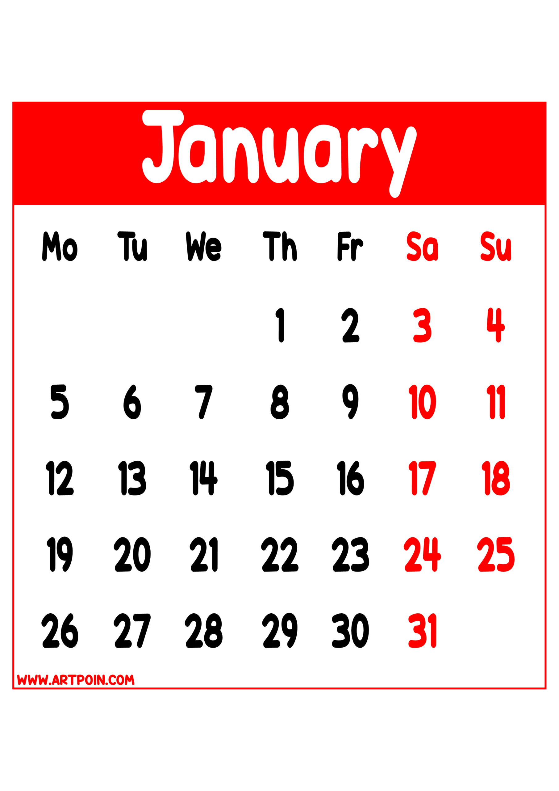 Calendar 2026 january months red details transparent background for designers and prints png