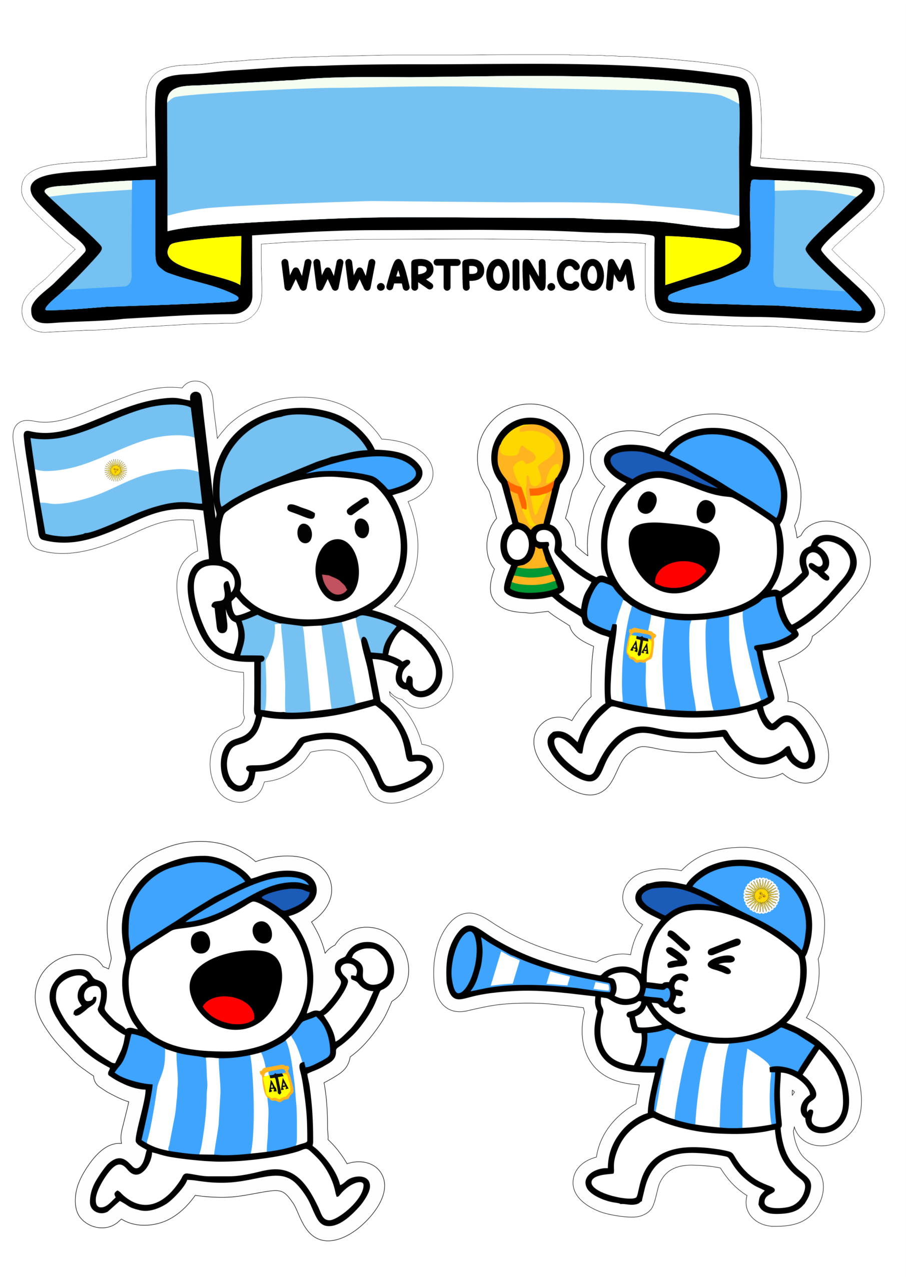 Topo de bolo Argentina copa do mundo 2026 flork of cows figurinha engraçada desenho simples para decoração png