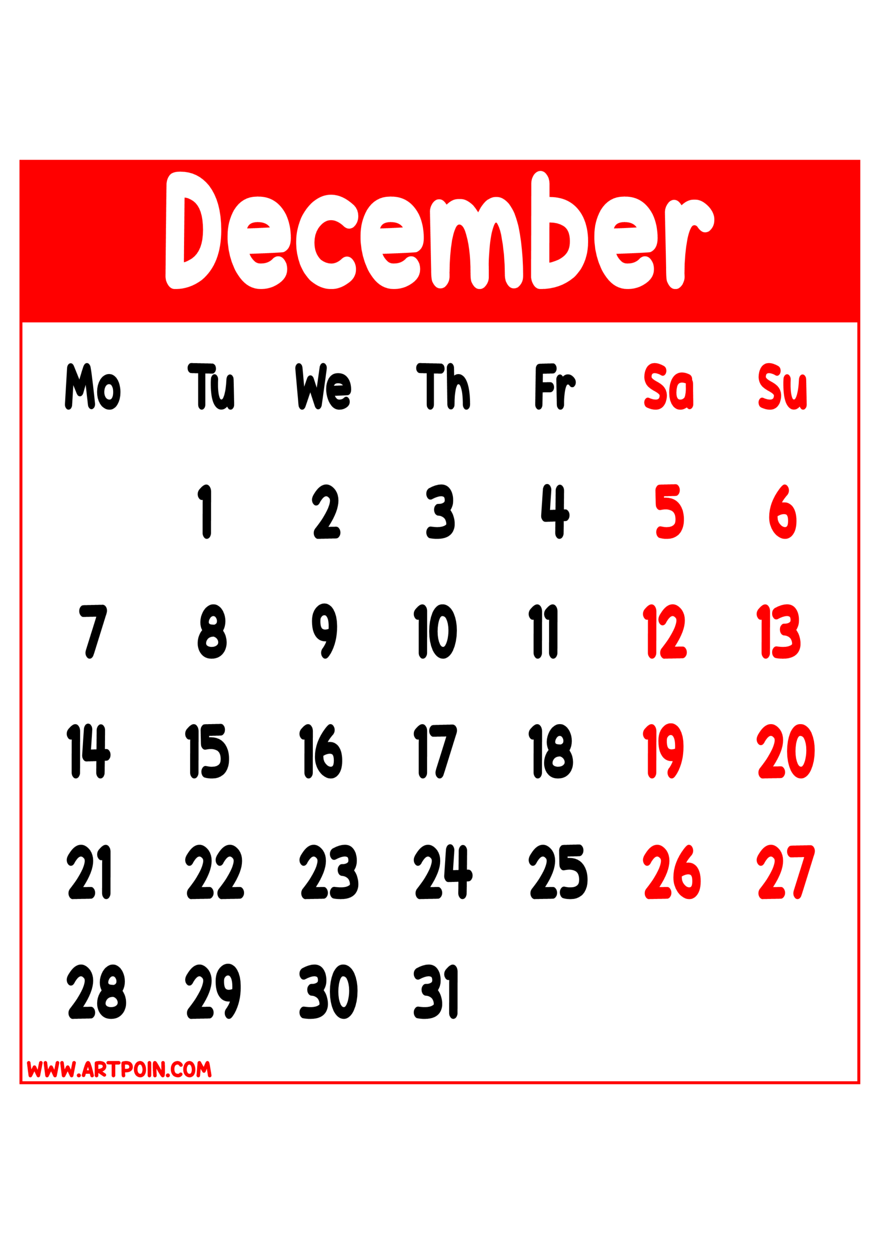 Calendar 2026 december months red details transparent background for designers and prints png