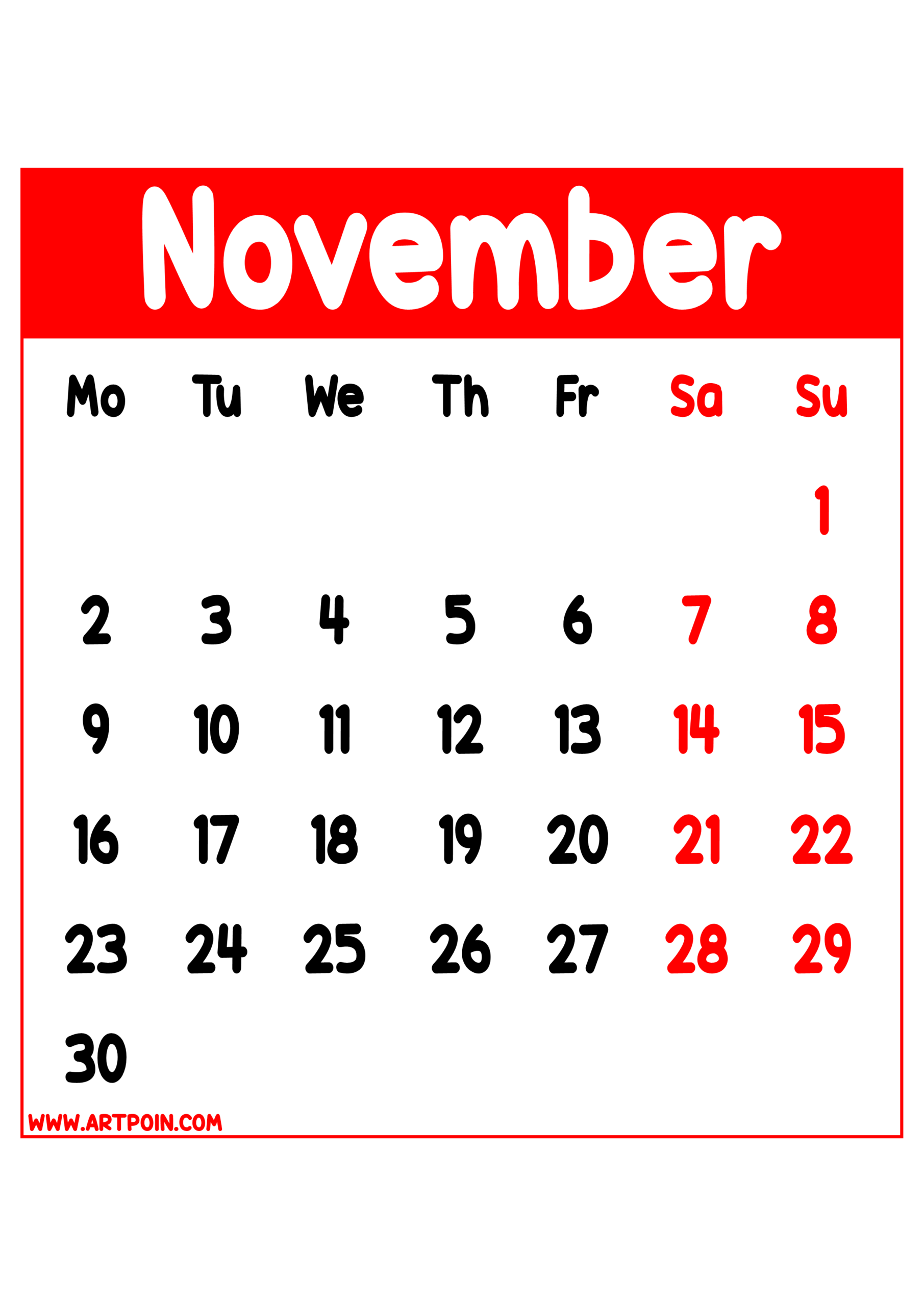 Calendar 2026 november months red details transparent background for designers and prints png