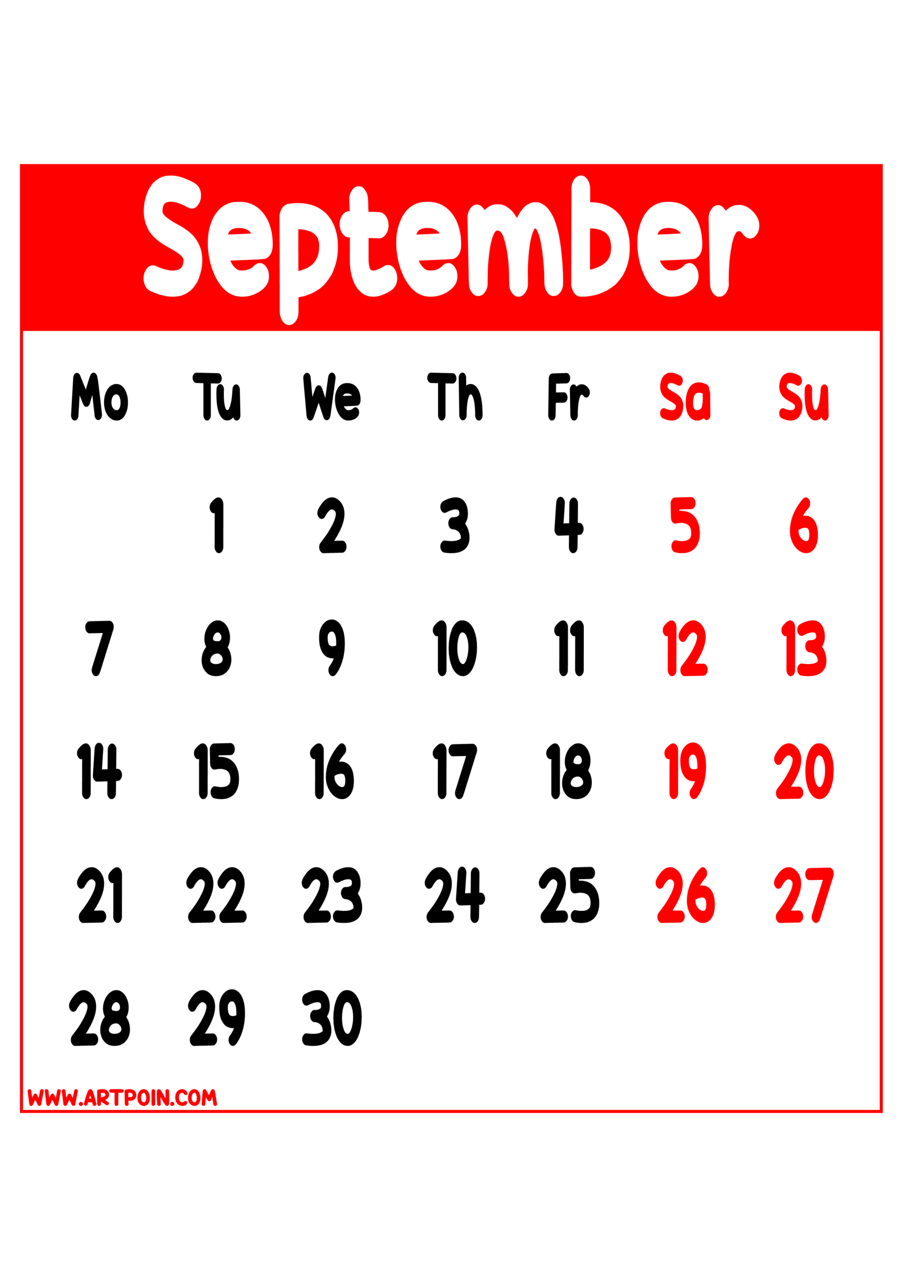 Calendar 2026 september months red details transparent background for designers and prints png