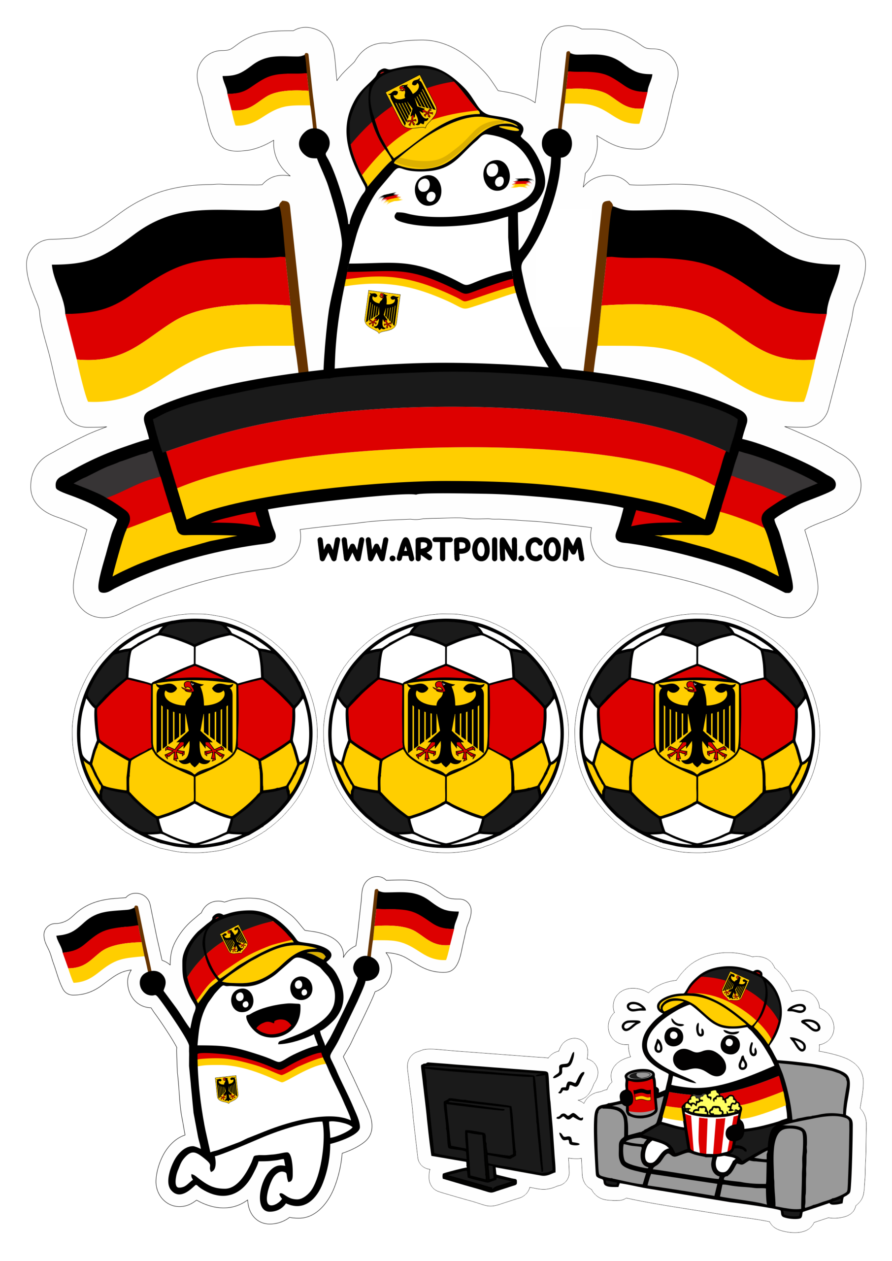 Topo de bolo da copa do mundo de 2026 flork of cows torcedor da Alemanha imagens engraçadas prontas para imprimir e decorar png