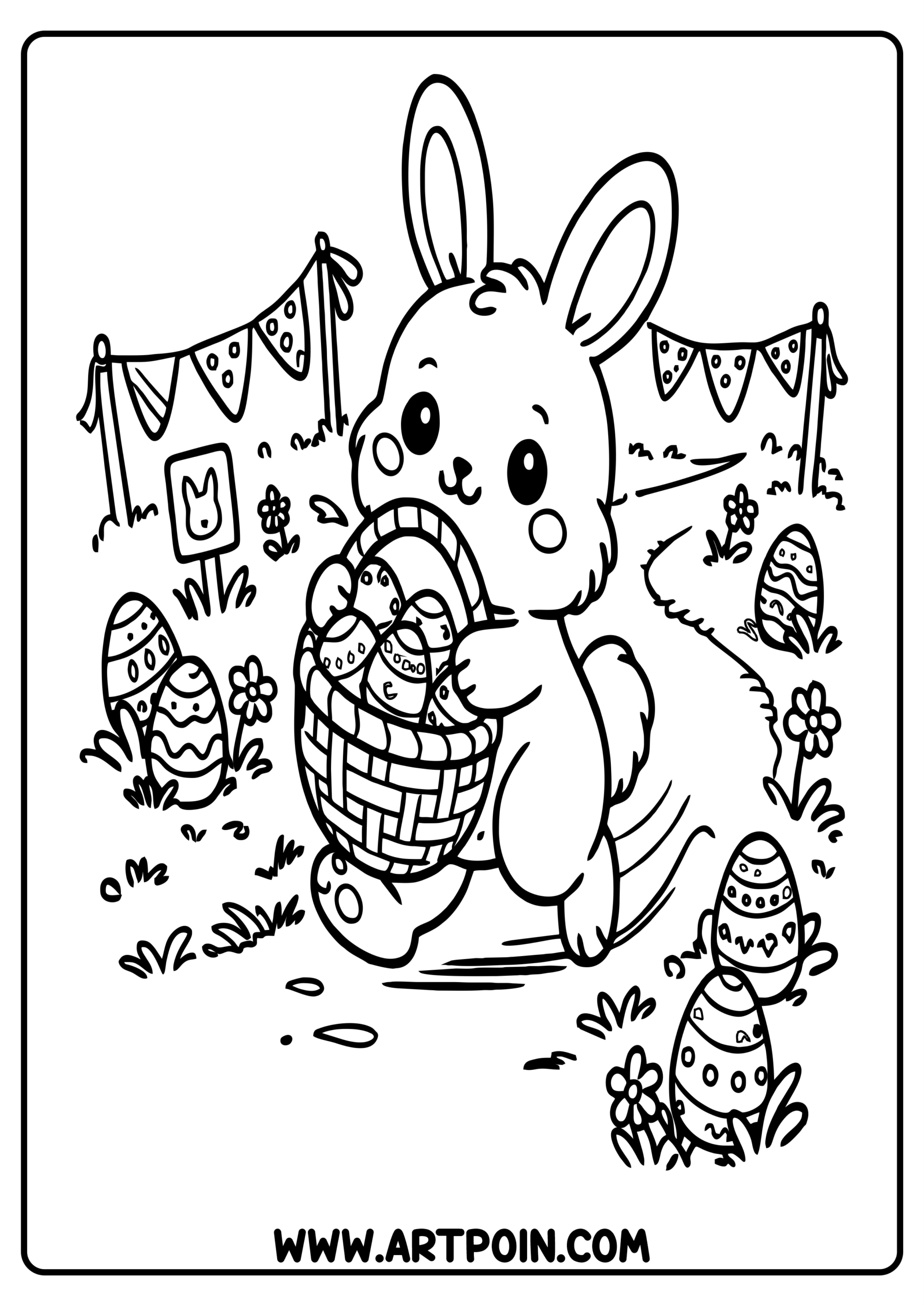 Easter bunny holding a chocolate basket eggs coloring page activities for children png