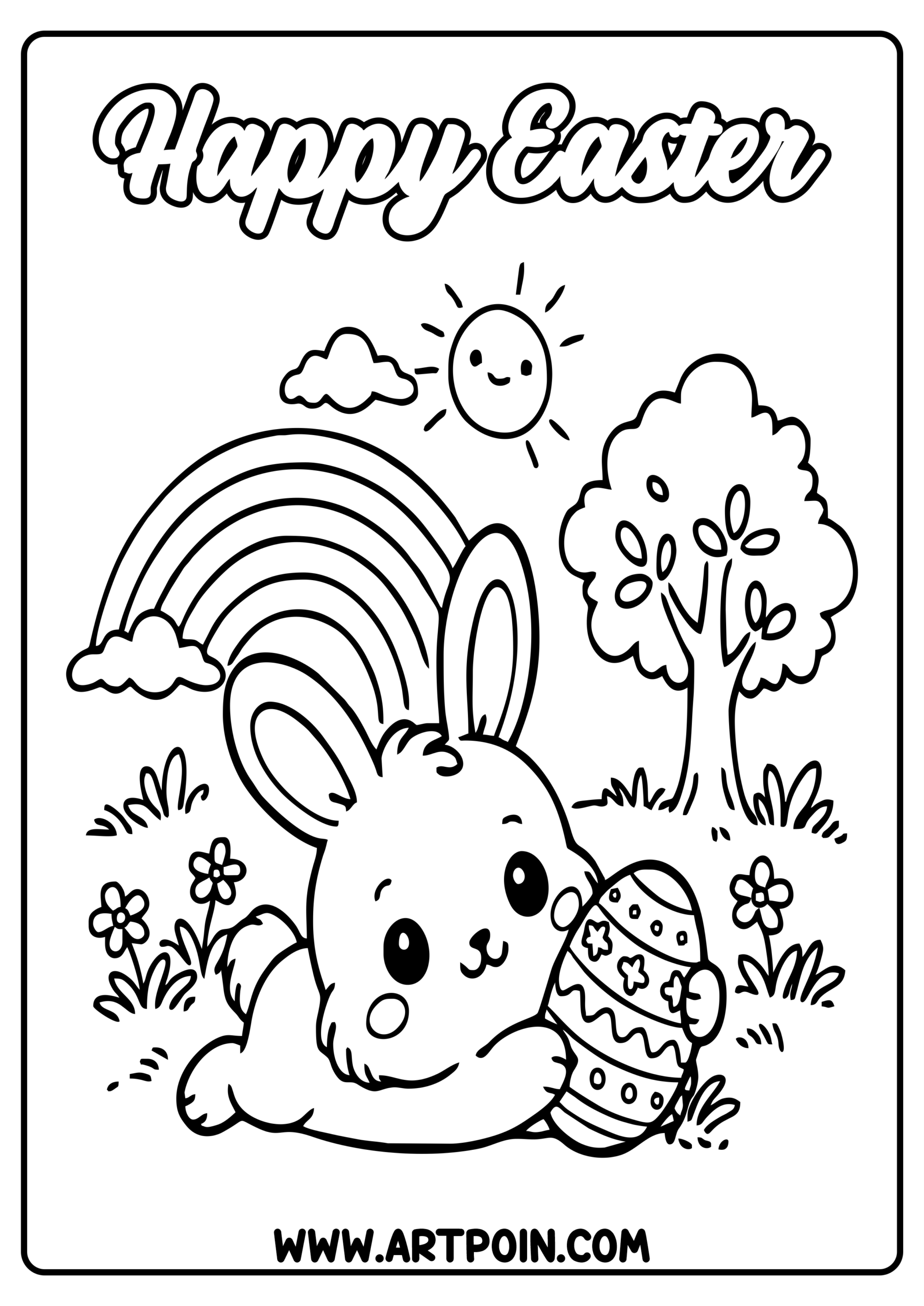 Happy Easter coloring page cute bunny holding egg simple drawing for children free download png