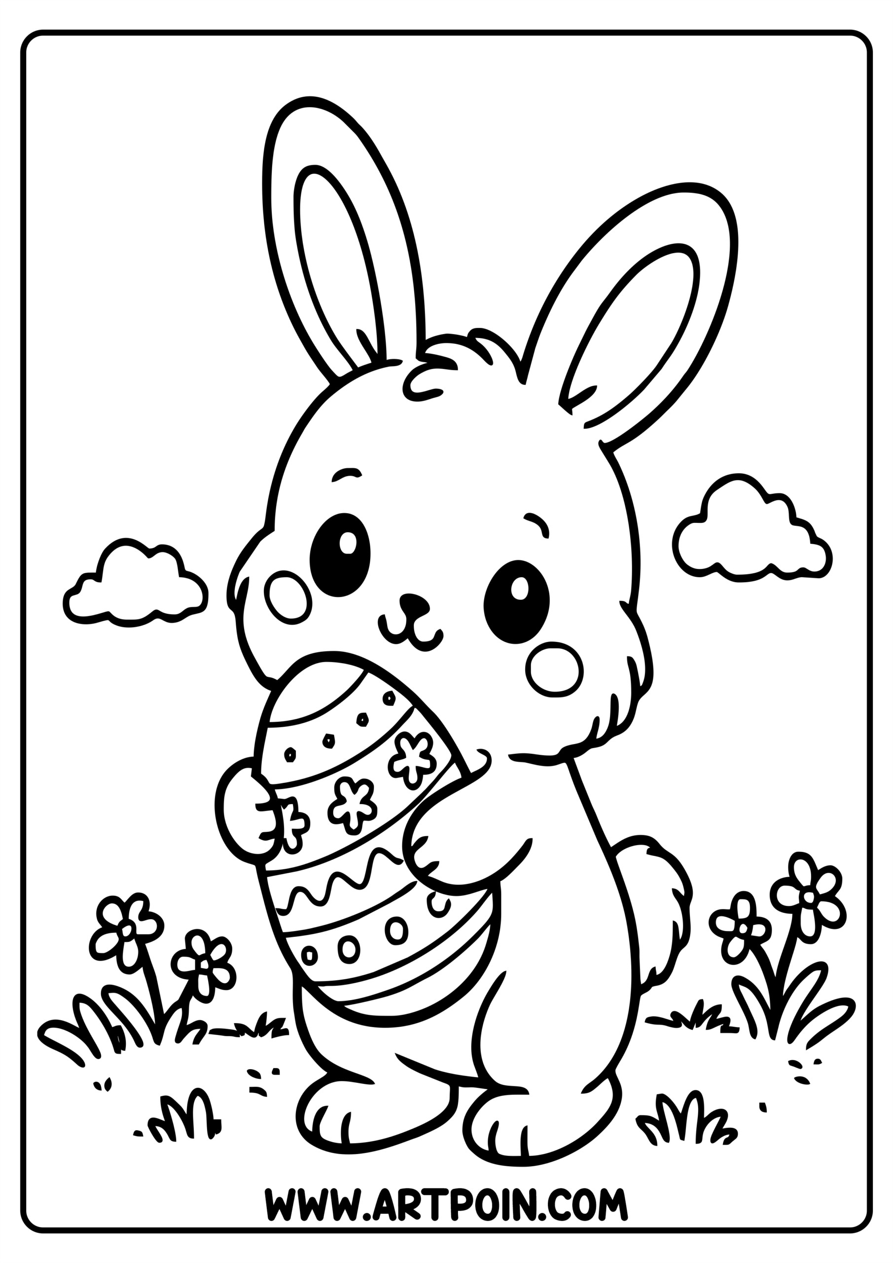 Happy Easter coloring page cute bunny holding egg simple drawing for children png