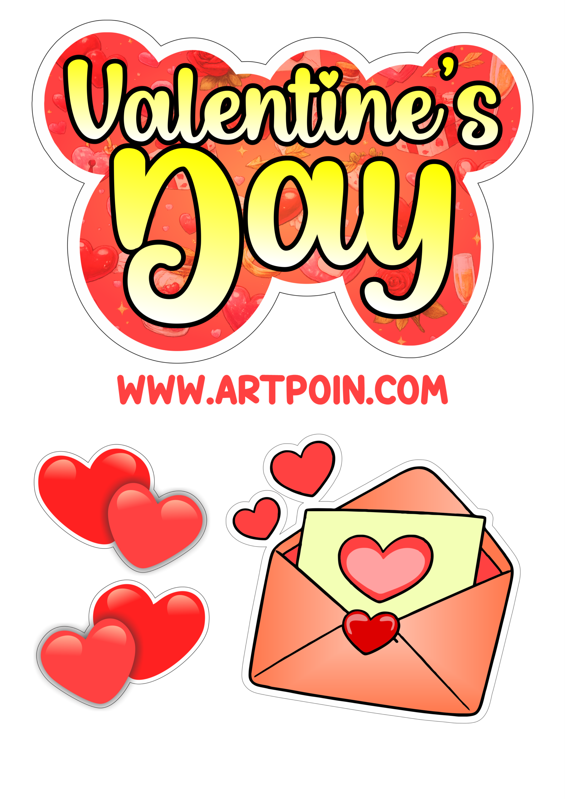 Topo de bolo dia de São Valentim com corações e cartinha de amor pronto para decorar sua festa png