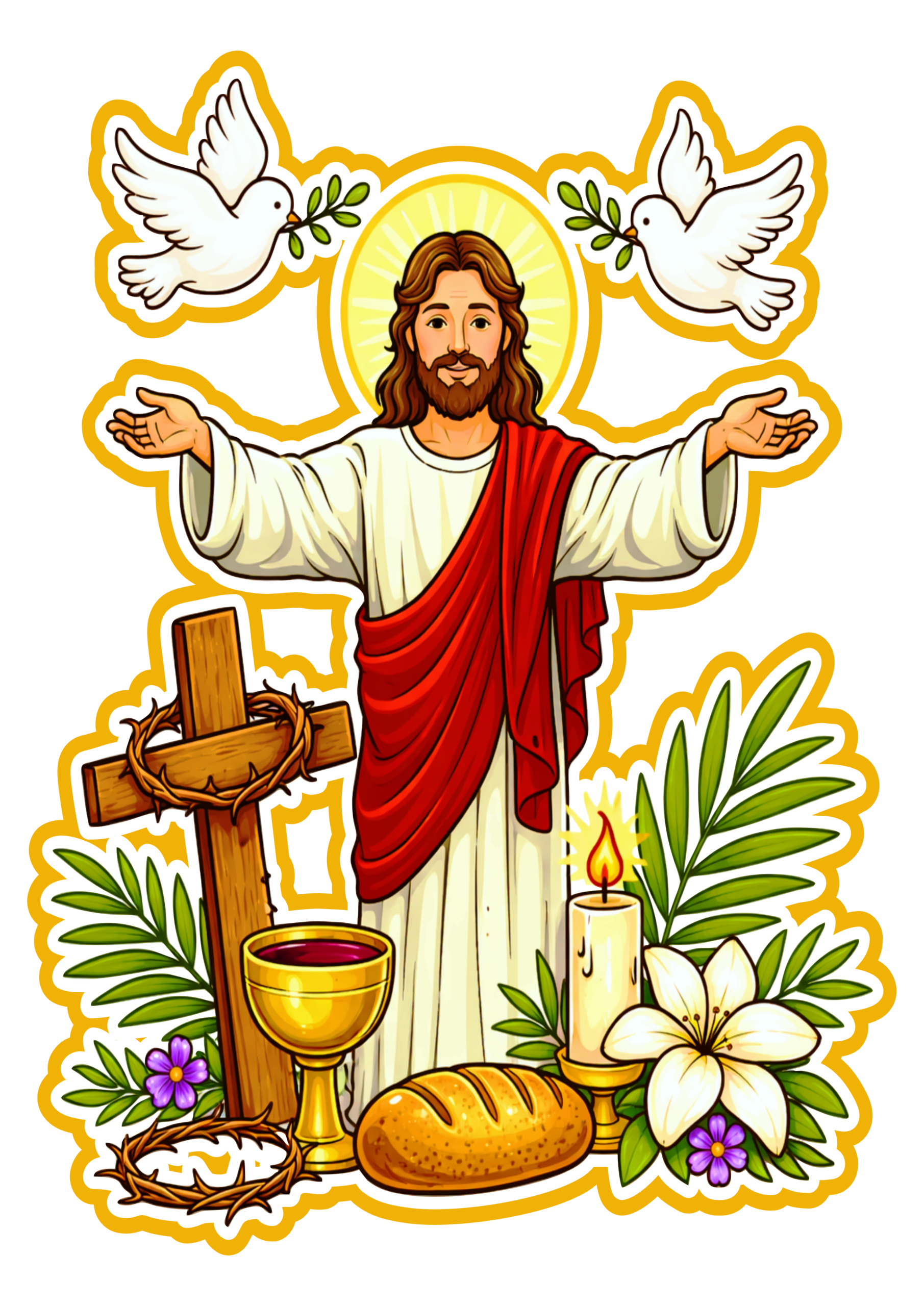 Holy week image simple drawing easter symbols cross candle palms crown of thorns dove bread and wine Jesus Christ png